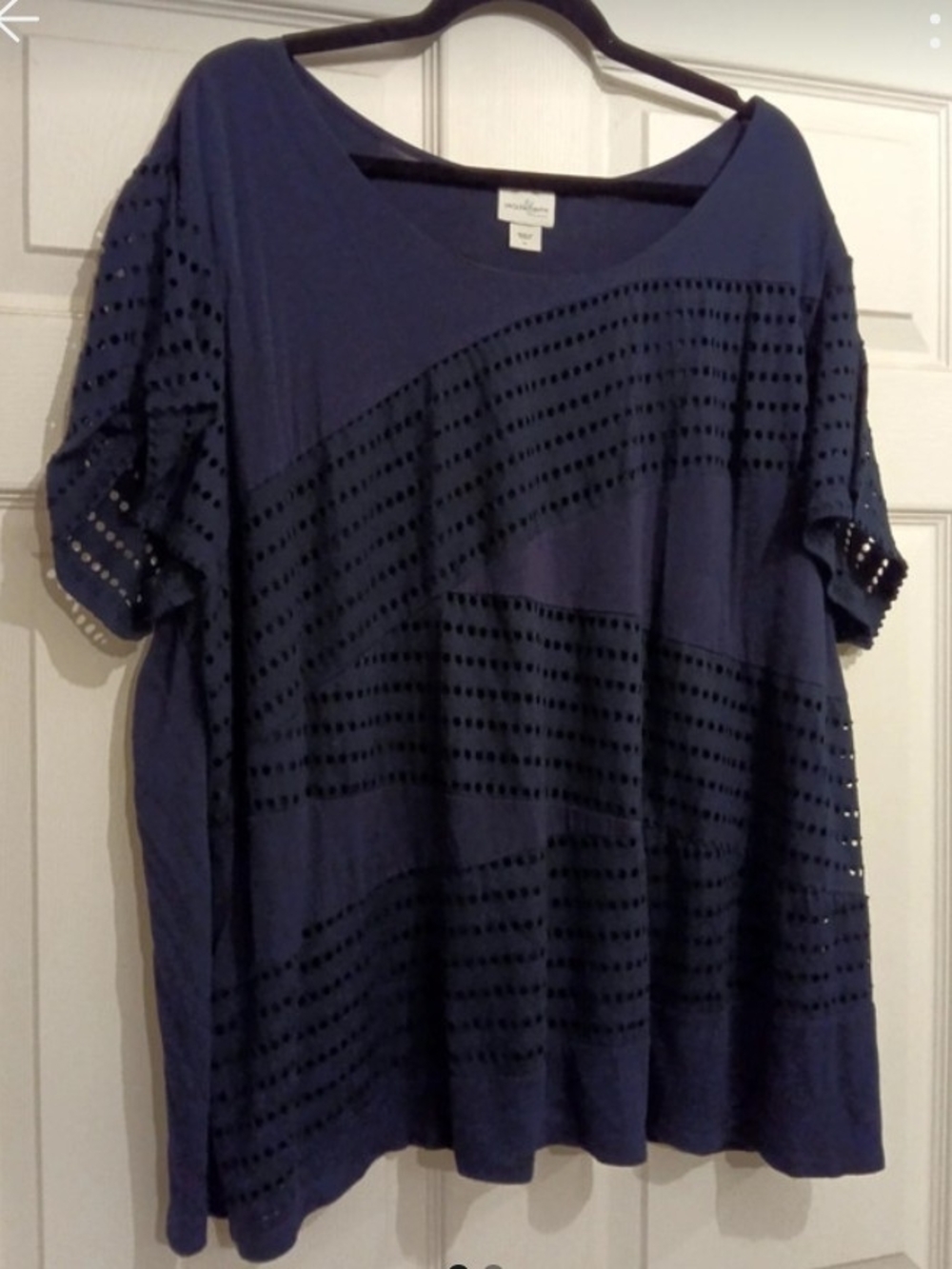 Jaclyn Smith Navy Eyelet Stripe Tunic Top
